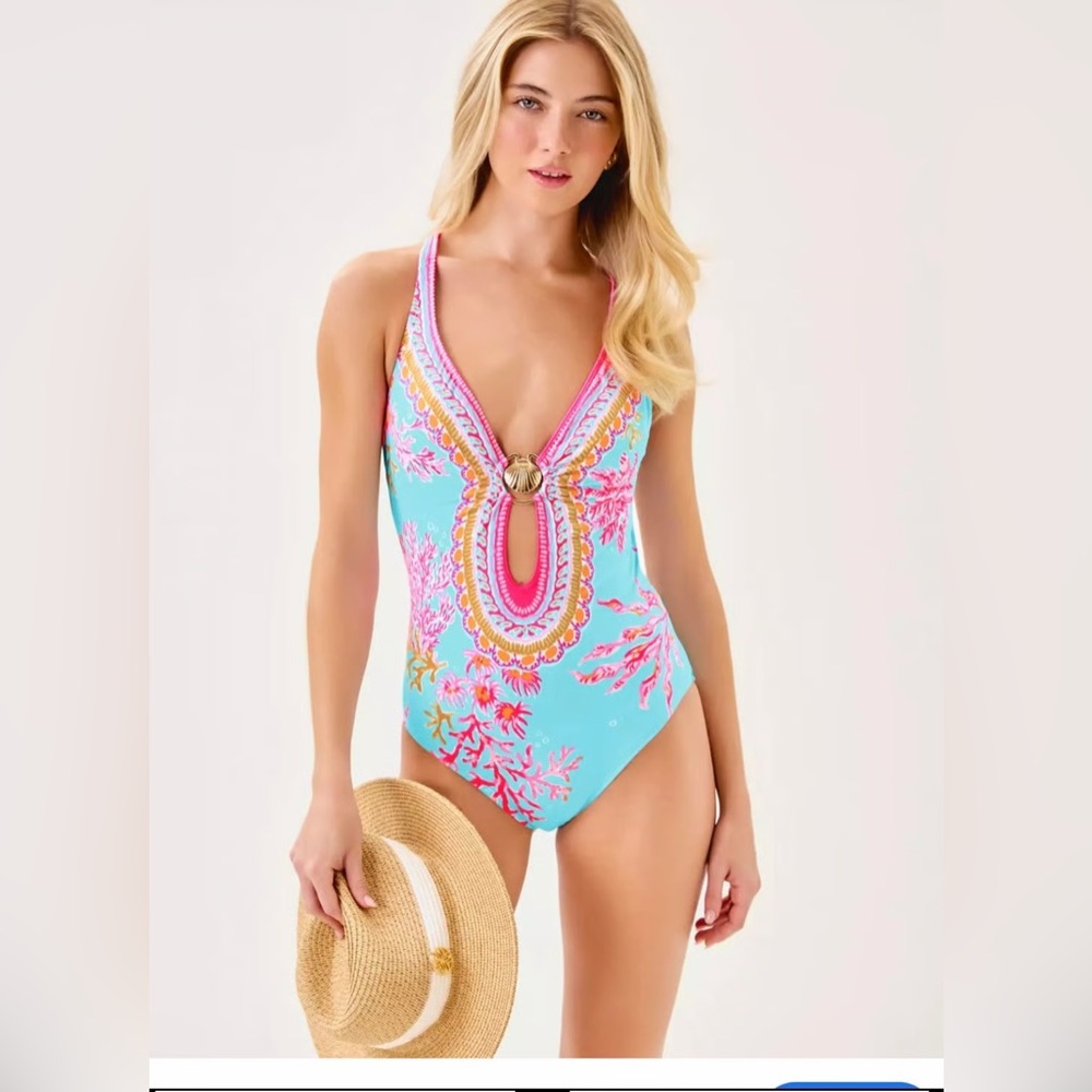 Lilly Pulitzer Ester One Piece Swimsuit Multi Royal Coral Engineered Sz 6 NWT